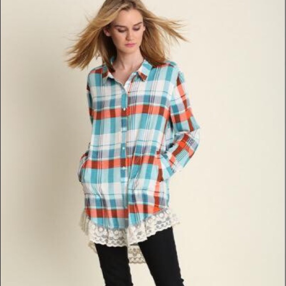 Umgee orange & blue plaid top - Picture 2 of 3